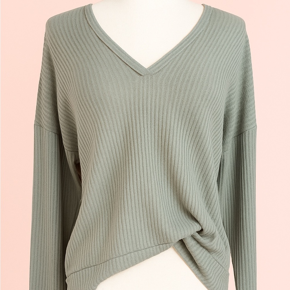 Jantzen Sage Green Ribbed V-Neck Sweater